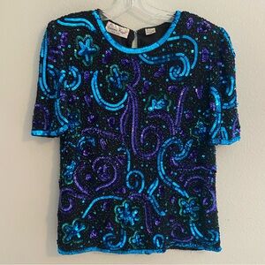 VINTAGE Lawrence Kazar M Petite Silk Sequin Blouse Top Blue Purple Black Holiday